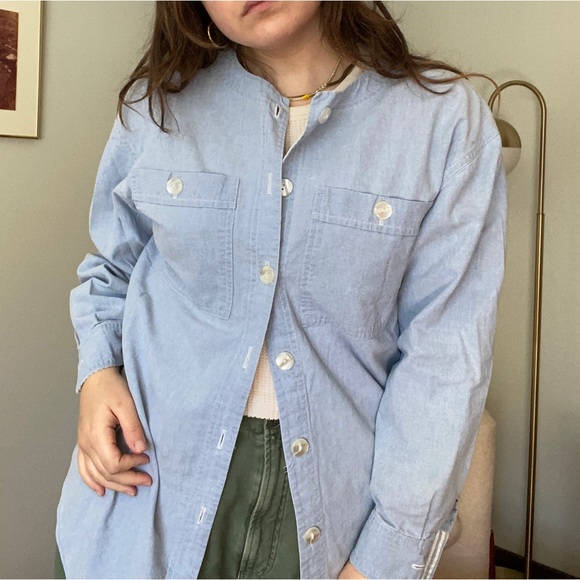 Vintage Chambray Collarless Smock Oversized Button Down - Picture 1 of 11